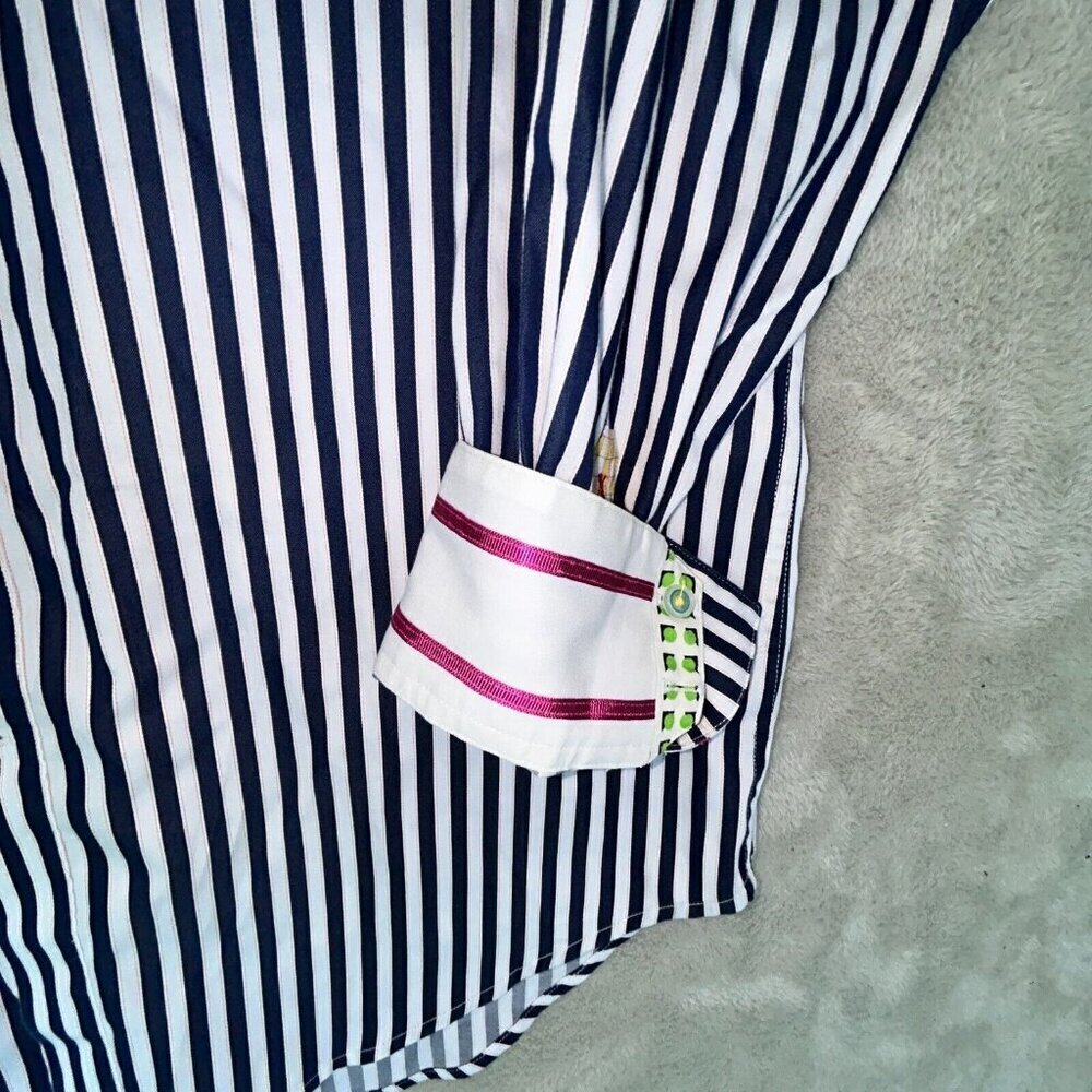 Robert Graham L Shirt Mens Large Navy Blue Striped Pink Flip Cuff Green Trim 100 - Picture 3 of 11